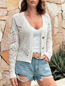 EURMUSE Pointelle Knit Drop Shoulder Button Front Cardigan - Beige - View 1