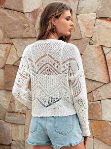 EURMUSE Pointelle Knit Drop Shoulder Button Front Cardigan - Beige - View 2