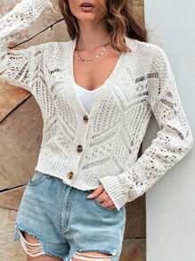 EURMUSE Pointelle Knit Drop Shoulder Button Front Cardigan - Beige - View 4