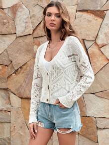 EURMUSE Pointelle Knit Drop Shoulder Button Front Cardigan - Beige - View 5