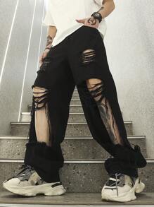 Manfinity EMRG 男士鬆身破洞毛邊直筒牛仔褲