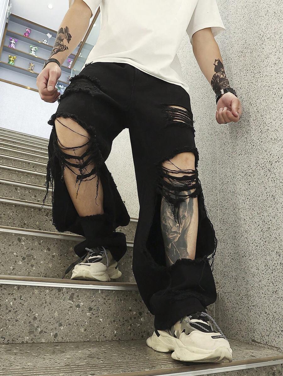 Manfinity EMRG 男士鬆身破洞毛邊直筒牛仔褲