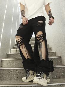 Manfinity EMRG 男士鬆身破洞毛邊直筒牛仔褲