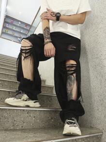 Manfinity EMRG 男士鬆身破洞毛邊直筒牛仔褲