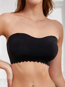 Scallop Trim Bandeau Bra With 1pair Transparent Strap - Black - View 1