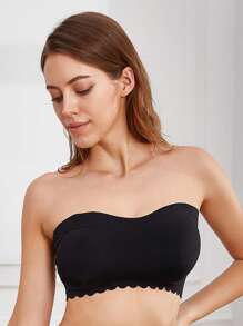 Scallop Trim Bandeau Bra With 1pair Transparent Strap - Black - View 4