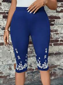 SHEIN LUNE Plus Floral Print Cycling Shorts - Navy Blue - View 3