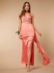 SHEIN Belle Rhinestone Detail Ruffle Trim Cami Bridesmaid Dress - Watermelon Pink - View 3