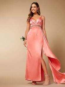 SHEIN Belle Rhinestone Detail Ruffle Trim Cami Bridesmaid Dress - Watermelon Pink - View 4