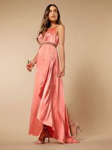 SHEIN Belle Rhinestone Detail Ruffle Trim Cami Bridesmaid Dress - Watermelon Pink - View 5