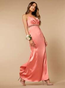 SHEIN Belle Rhinestone Detail Ruffle Trim Cami Bridesmaid Dress - Watermelon Pink - View 7