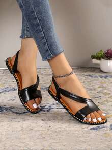 時尚女性平底涼鞋 - 黑色 - 查看 2