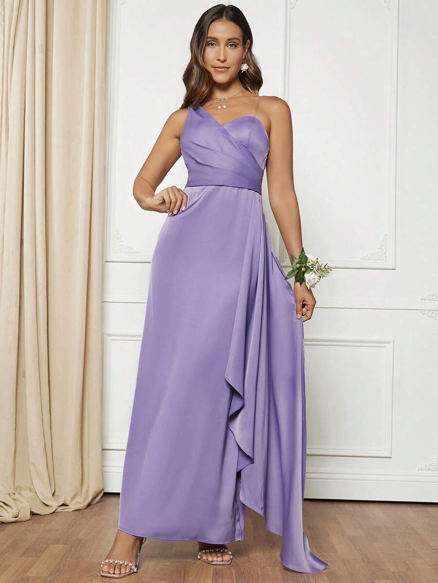 SHEIN Belle 優雅揉皺 交叉 拉鍊純色女士連衣裙 - 紫丁香色 - 查看 1