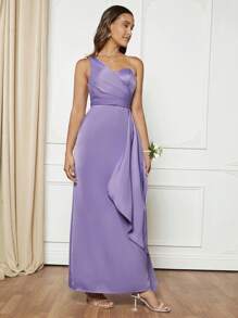 SHEIN Belle 優雅揉皺 交叉 拉鍊純色女士連衣裙 - 紫丁香色 - 查看 3