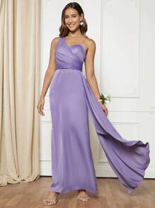 SHEIN Belle 優雅揉皺 交叉 拉鍊純色女士連衣裙 - 紫丁香色 - 查看 4