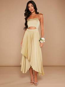 SHEIN Belle Cut Out Front Pleated Hem Satin Cami Dress