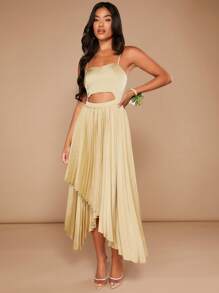 SHEIN Belle Cut Out Front Pleated Hem Satin Cami Dress