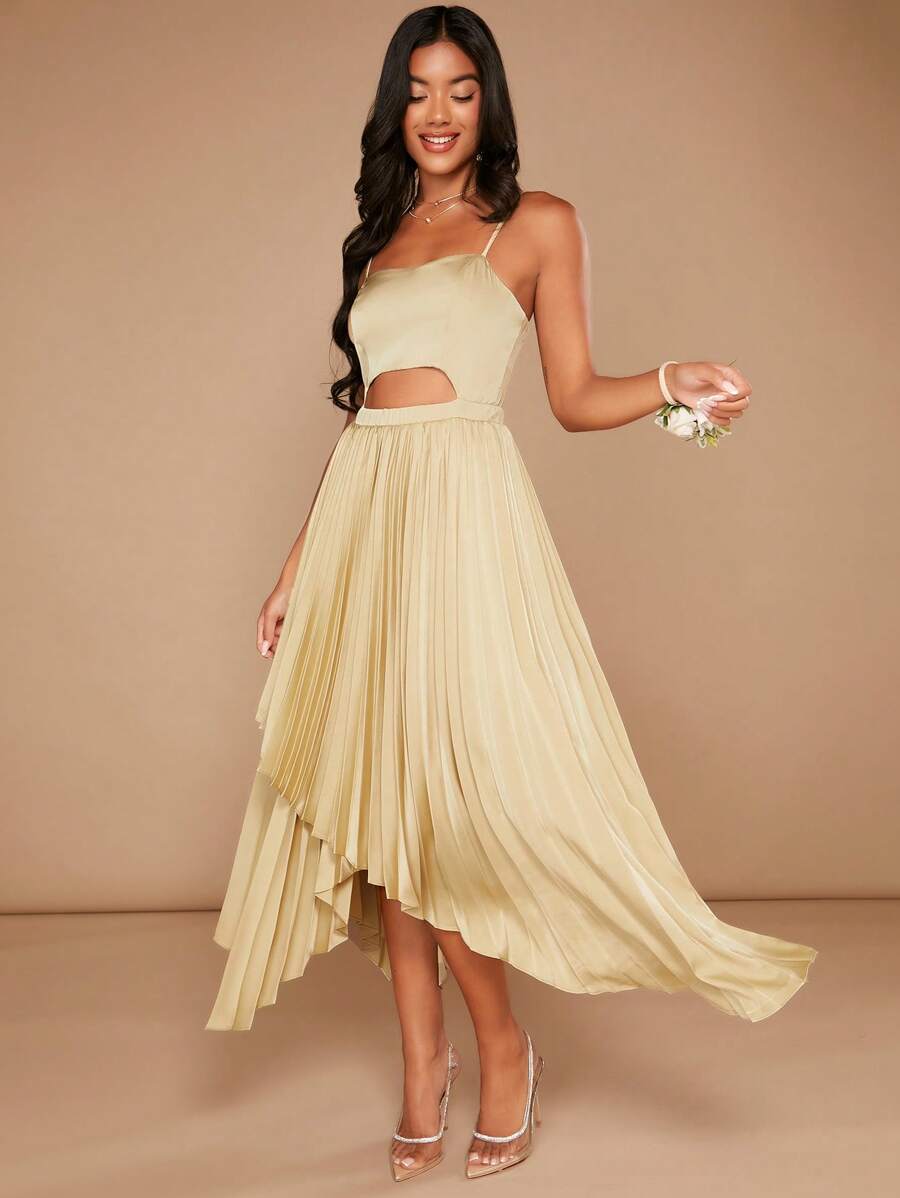 SHEIN Belle Cut Out Front Pleated Hem Satin Cami Dress