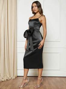 SHEIN Belle 派對開衩 拉鍊 大蝴蝶結純色女士連衣裙