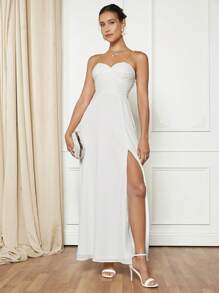 SHEIN Belle Ruched Split Thigh Tube Dress With Transparent Straps - White - View 1