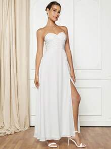 SHEIN Belle Ruched Split Thigh Tube Dress With Transparent Straps - White - View 3