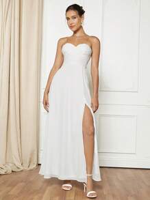 SHEIN Belle Ruched Split Thigh Tube Dress With Transparent Straps - White - View 4