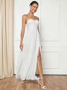 SHEIN Belle Ruched Split Thigh Tube Dress With Transparent Straps - White - View 5