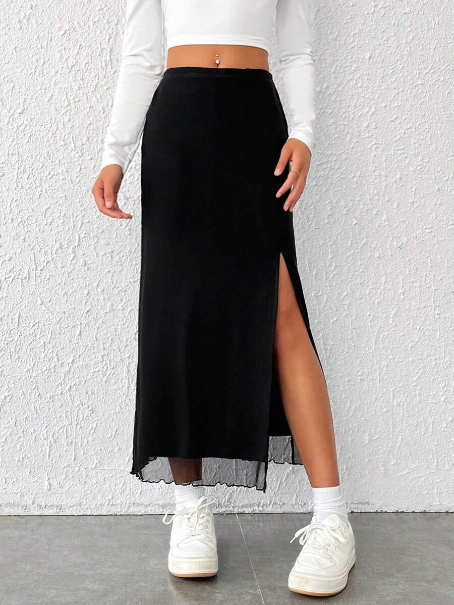 SHEIN EZwear Chất rắn Tách đùi Lớp phủ lưới Váy - màu đen - Xem 1