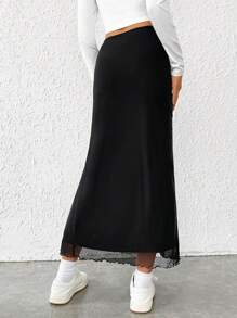 SHEIN EZwear Chất rắn Tách đùi Lớp phủ lưới Váy - màu đen - Xem 2
