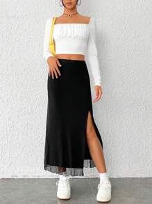 SHEIN EZwear Chất rắn Tách đùi Lớp phủ lưới Váy - màu đen - Xem 3