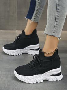一腳蹬高幫針織彈性女性坡跟運動鞋帶粗鞋底,休閒運動鞋 - 黑色 - 查看 1
