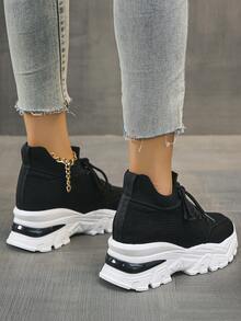 一腳蹬高幫針織彈性女性坡跟運動鞋帶粗鞋底,休閒運動鞋 - 黑色 - 查看 2