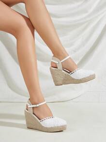 White Lace Upper Woven Straw Platform Wedge Sandals For Women (random Pattern) - White - View 1