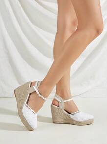 White Lace Upper Woven Straw Platform Wedge Sandals For Women (random Pattern) - White - View 2