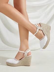 White Lace Upper Woven Straw Platform Wedge Sandals For Women (random Pattern) - White - View 3