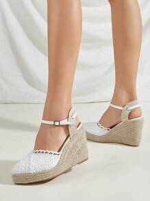 White Lace Upper Woven Straw Platform Wedge Sandals For Women (random Pattern) - White - View 4
