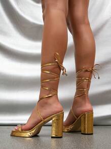 新品到貨女士時尚金色鱷魚紋條帶防水防水台高跟鞋涼鞋 - 金色 - 查看 3