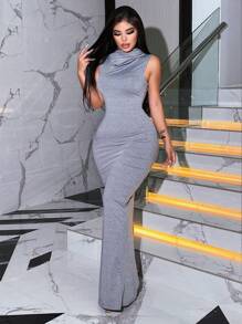 素色連帽魚尾裙下擺背心洋裝 - 淺灰色 - 查看 4