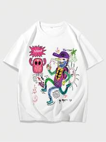 ROMWE MEN Street Life Men Cartoon Graphic Tee, School - White - View 1