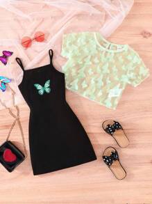 女小童蝴蝶圖案吊帶連衣裙&貼花網紗上衣 - 彩色 - 查看 1