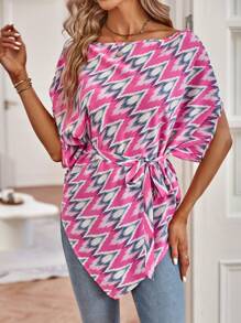 SHEIN LUNE 鋸齒形印花蝙蝠袖前打結襯衫 - 彩色 - 查看 4