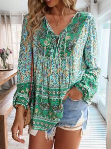 SHEIN VCAY 印花繫帶領燈籠袖襯衫 - 彩色 - 查看 1