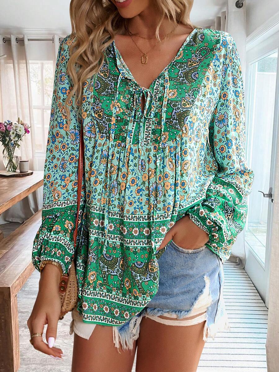 SHEIN VCAY 印花繫帶領燈籠袖襯衫 - 彩色 - 查看 1