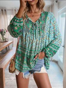 SHEIN VCAY 印花繫帶領燈籠袖襯衫 - 彩色 - 查看 3