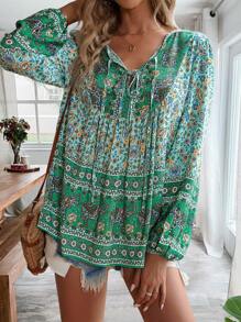 SHEIN VCAY 印花繫帶領燈籠袖襯衫 - 彩色 - 查看 4