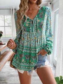 SHEIN VCAY 印花繫帶領燈籠袖襯衫 - 彩色 - 查看 5