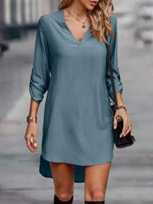 SHEIN LUNE 素色捲邊袖V領弧形下擺連衣裙 - 藍色 - 查看 5