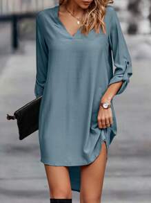 SHEIN LUNE 素色捲邊袖V領弧形下擺連衣裙 - 藍色 - 查看 6
