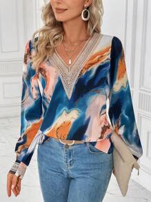 SHEIN LUNE Marble Print Guipure Lace Insert Blouse - Multicolor - View 1