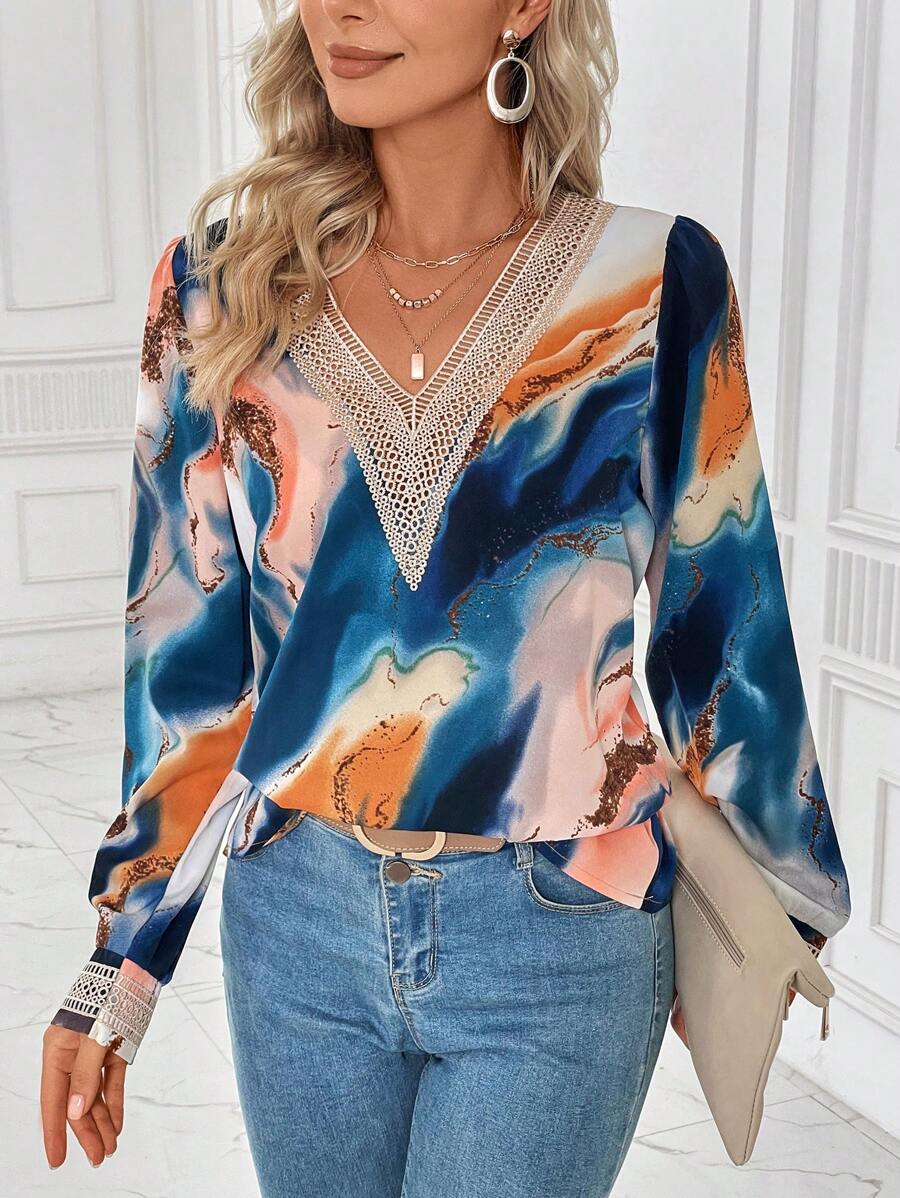 SHEIN LUNE Marble Print Guipure Lace Insert Blouse - Multicolor - View 1